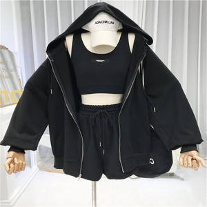 Ensembles Décontractés Trois Pièces <span class=keywords><strong>Femme</strong></span> Gilet <span class=keywords><strong>Short</strong></span> à Cordon Veste Zippée à Capuche Survêtements Sportifs Solides pour <span class=keywords><strong>Femme</strong></span> - Product Image 5