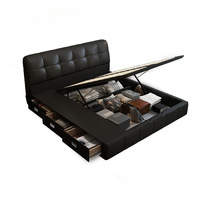 Lit de rangement relevable Ruisha, style minimaliste moderne, noir, avec cadre en bois massif et rembourrage en cuir, idéal pour les petits espaces