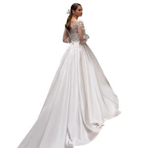 Wedding Dress Ball Gown Square Collar Long Sleeve Floral Print Satin Fabric Pure White Ivory White Natural Waistline - Product Image 4