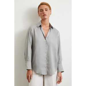 Chemise à motif diagonal gris pour femme en popeline, manches classiques, haut simple pour tous les jours - Product Image 3