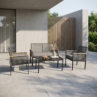 Ensemble de canapé d'extérieur moderne et confortable en acier, 4 pièces, noir, en rotin tressé, avec 2 fauteuils et accoudoirs en WPC pour jardin