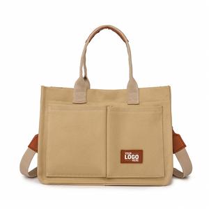 Women's Vintage Canvas Tote Shoulder Bag Wholesale Reusable Promotional Gift with Two Handles Open Closure Type and Pockets - Product Image 1