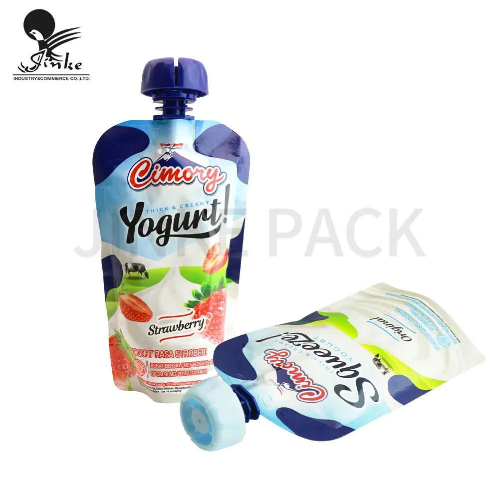 Jus de jus de boisson liquide yaourt imprimé sur mesure sac d'emballage debout sac de pochette à bec en plastique sac à buse d'aspiration