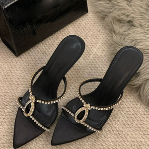 Sandalias de tacón alto y fino para mujer, con diamantes y pedrería, de verano, con correa, zapatos de vestir con punta puntiaguda, estilo mule. - Product Image 3