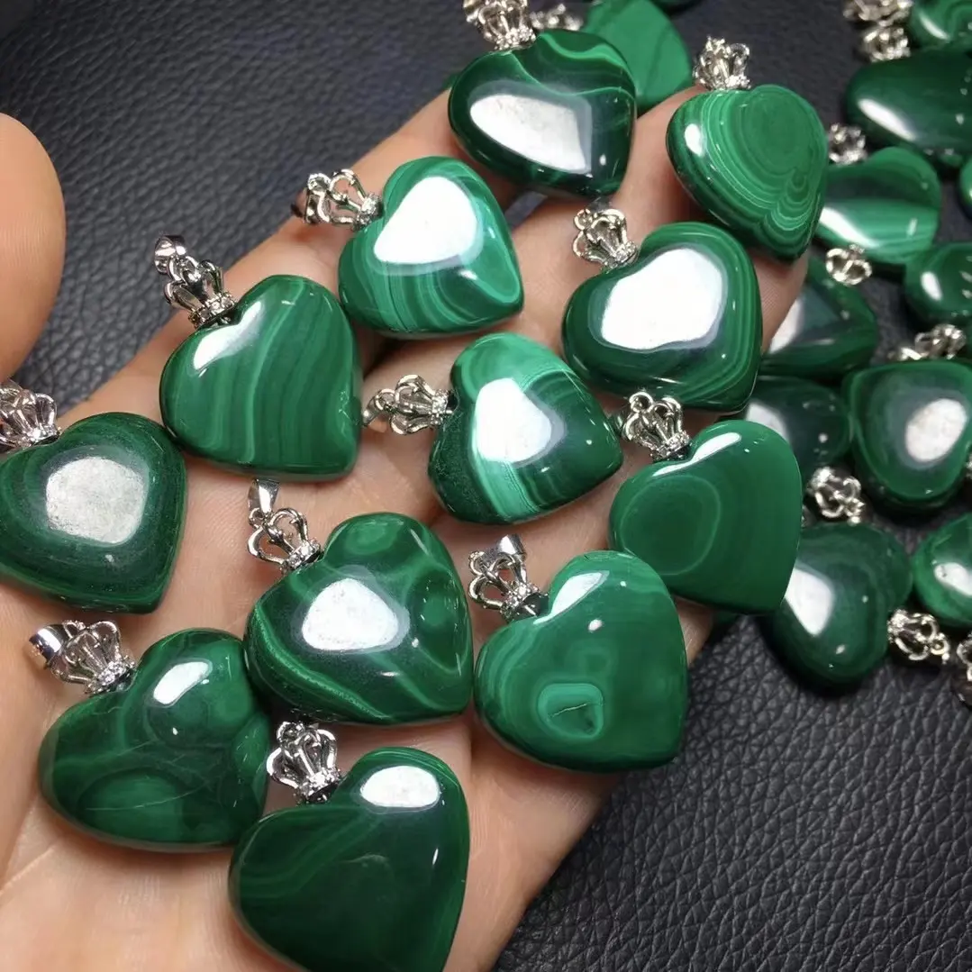 Set di ciondoli a forma di cuore d'amore in Malachite naturale in argento s925 con pietre curative e ciondolo con cristalli