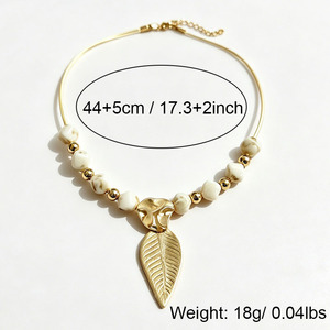 Gold Open Collar Necklace Green Marble Irregular Beads Textured Metal Leaf Pendant Women Boho Vacation Neck Jewelry - Product Image 3