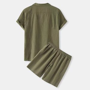 Setelan pakaian kasual leher V pria, kerah V berkancing lengan pendek celana pendek Linen berongga Set dua potong kain Linen laki-laki bercetak - Product Image 6