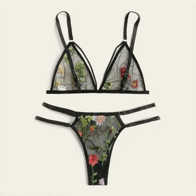 Exotische Sexy G-String Bloemen Borduurwerk Bralette Kanten Bh Bustier String Sets Ondergoed Sekskleding Babydoll Nachtkleding Lingerie