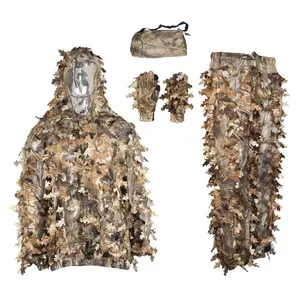 Оптовая продажа, камуфляжный костюм с 3D-листьями, ветрозащитный водонепроницаемый дышащий лесной костюм для детей, для взрослых, из полиэфирной ткани, износостойкий костюм