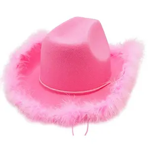 Topi Koboi Pantai Tepi Bulu Topi Fedora Gulung untuk Wanita Gadis Gaya Barat Merah Muda