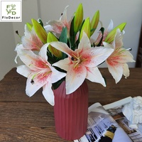 Vente en gros de fleurs artificielles en tissu de soie enduit de latex, effet toucher réel, 3 têtes de lys blancs de 50 cm, pour centre de table de fête, décoration de mariage