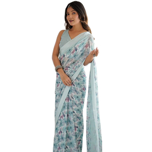 Hermosa viscosa de satén puro de Bollywood con Sari de trabajo Zarkan pesado - Product Image 1