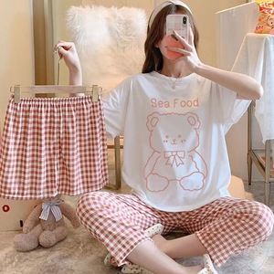 2025 Pijamas mujer camisón para mujer ropa estampado 3 uds niñas verano manga corta Loungewear mujeres conjuntos - Product Image 4