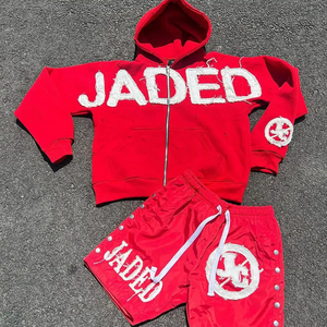 Parches bordados desgastados con logotipo personalizado, traje de Jogger de algodón 100%, sudaderas con capucha de gran tamaño, conjunto de pantalones cortos, chándales para hombres - Product Image 1