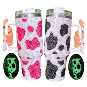 40oz Vacuum Insulated Travel Coffee Mug Cups 40oz Cow Print <b>Crystal</b> Rhinestone Full Bling Studded <b>Tumblers</b> Water Bottle Handle - Product Image 1