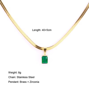 Collier tendance étanche en acier inoxydable plaqué or 18 carats avec chaîne serpent plate et pendentif carré en zircon vert délicat pour femme - Product Image 6