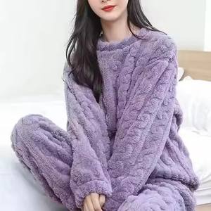 I-0509 Pijamas Casuales de Franela para Mujer, Manga Larga, Cuello Redondo, Color Sólido, Oferta, Gruesos, Ropa de Casa para Invierno, Conjunto de Dos Piezas - Product Image 2