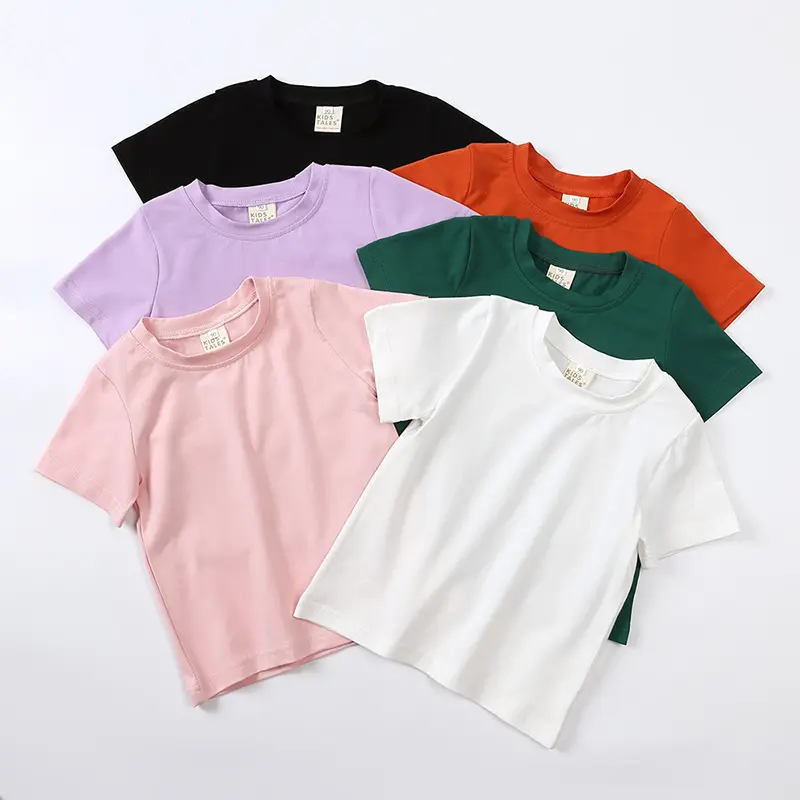 Sıcak satış çocuk giyim düz renk kısa kollu T-shirt erkek kız günlük kıyafetler çocuklar için