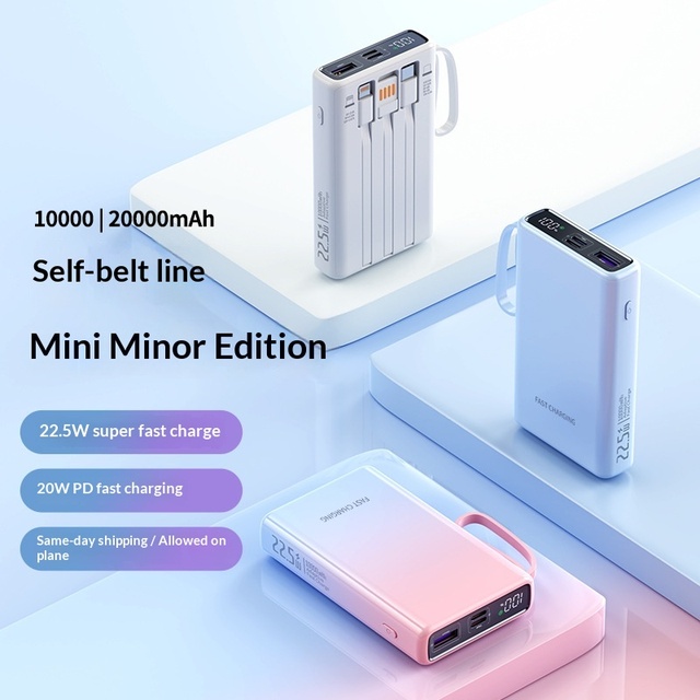 Hot Sale Portable 10000mAh Power Bank with 22.5W Super Fast Charging, 3 Built-in Cables, Lightweight and Slim Design