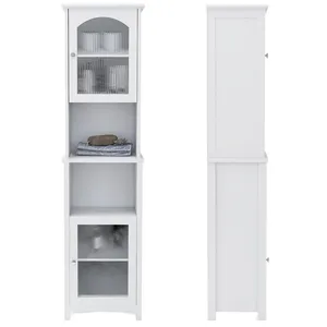 Elegant High Bathroom Storage Cabinet Freestanding Food Cabinet with Glass Doors and Open Shelves For Bathroom