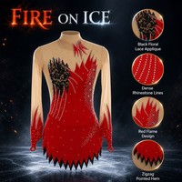 Robe de compétition de patinage artistique rouge et noire en dentelle et strass, manches longues, en Spandex/Nylon pour adultes