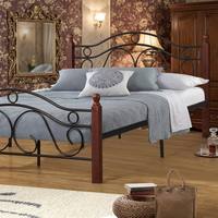 Cadre de lit vintage en métal avec poteaux en bois massif, tête de lit incurvée à motifs, lit plateforme pour chambre à coucher