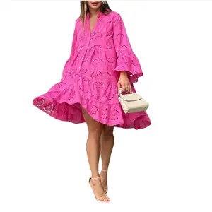 New Arrived Loose Vintage Solid Color Lace Dress V-Neck Long Sleeve Embroidery Dress Women Hollow Out Pattern Mini Dress