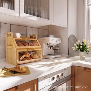 Bai Yixing Bamboo Wood Bread Storage Box <b>Double</b> Layer Glass Door Kitchen Bread <b>Bin</b> With Knife Holder - Product Image 2