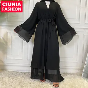 1875 # Baru Kualitas Tinggi Warna Solid Abaya Dubai Fashion Wanita Muslim Cardigan Lapisan Ganda Sifon Pakaian Islami Sederhana