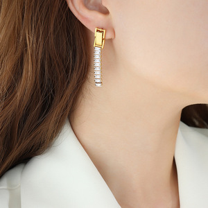 E0325 Fashion Designer 18k Gold Plated Statement Earring <strong>Jewelry</strong> Women <strong>Stainless</strong> <strong>Steel</strong> Long Zircon Pendant Earrings - Product Image 6