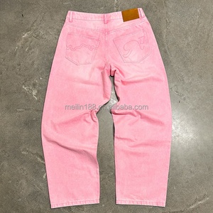 Jeans personnalisés à taille haute avec broderie, pantalon en denim unisexe rose vintage délavé à l'acide, jeans baggy pour hommes - Product Image 2