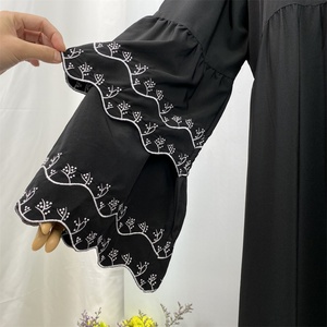 Cute Crew Neck With White Flowers Embroidery Double Layers Trumpet Sleeves Muslim Islamic Women Abaya Dress 6110# - Product Image 5