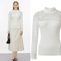 Haut en tricot côtelé à col montant et volants pour femme, coupe ajustée, manches longues, ajouré, idéal pour superposer