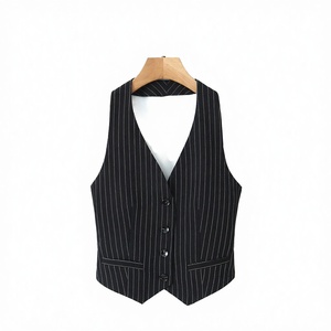 Gilet de costume formel noir à rayures fines pour femme, col en V, simple boutonnage, en tissu tissé - Product Image 2