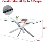 Table à manger contemporaine en verre Tables de cuisine en verre trempé avec base en acier inoxydable argenté pour salle à manger et salon