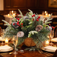 Ramillete de Ramas de Pino Navideñas Artificiales, Ramitas de Pino Escarchadas con Bayas Rojas y Piñas para Decoración de Mesa Navideña y Decoración del Hogar