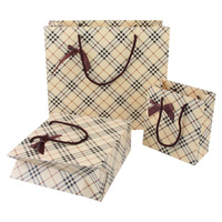 Sacs cadeaux en carton kraft recyclable de luxe avec poignée en ruban longueur main, motif à carreaux couleur chair, personnalisables