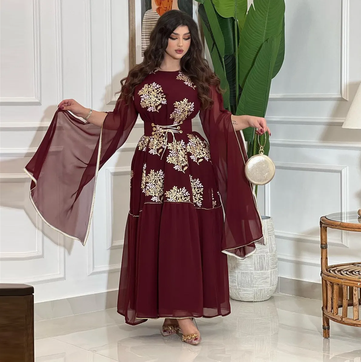 Boho dress eid caftan 2023 Dubai Saudi Custom Handwork Luxury Embroidered Crystal Yellow Dubai Kaftan Muslim Moroccan Kaftan