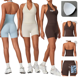 Conjuntos Deportivos de Alta Calidad para Mujer, Sujetador Deportivo con Relleno, Top Corto con Relleno en Forma de V para Pilates y Yoga, Pantalones Cortos, Conjuntos para Chicas - Product Image 1