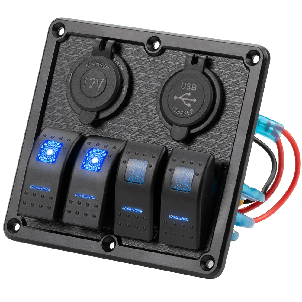 Waterproof 12V Auto Parts Marine Rocker Switch Dual USB 3.1A Outlet LED Voltmeter 4 Gang Rocker Switch Plastic Panel für Boat