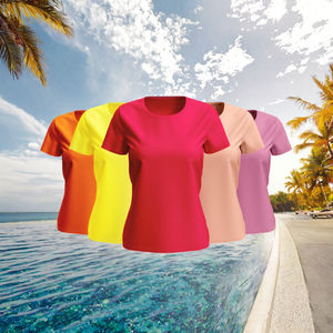 T-shirt à manches courtes pour femmes, en coton 100 %, respirant, avec fermeture éclair, logo, brossé, antibactérien, col en V, couleurs unies - Product Image 3