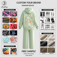 Custom dames trainingspak met pullover hoodie, schelpenborduursel op de rug, wijde broekspijpen, dagelijks zacht French Terry, 2-delig set