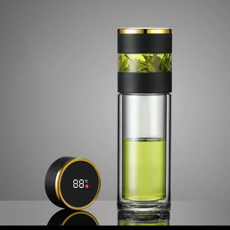 Botella de agua de vidrio de doble capa, separación de agua y té con pantalla de temperatura inteligente, personalizada, regalo de negocios, taza de publicidad