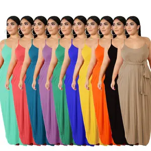 E-20708 Nova Moda 2021 Mulheres Soltas Casual Sling Backless Maxi Dress Belt Plus Size Verão Sexxy Vestidos