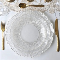 Assiettes de présentation en verre transparent Gold Coral de 13 pouces avec bord floral pour la décoration de centre de table de mariage, banquet ou fête