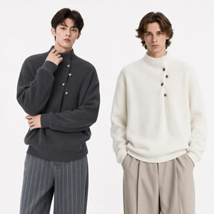 Pull côtelé <span class=keywords><strong>pour</strong></span> homme à col montant, patte de boutonnage diagonale, gris anthracite et crème, coupe décontractée, style streetwear, vente en gros - Product Image 1