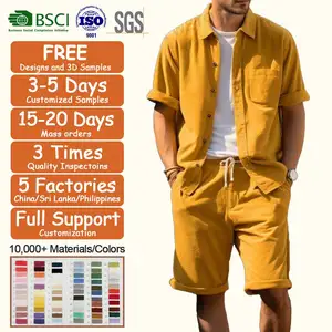 Customize Clothing With Your Logo Summer Men Fashion Corduroy Shirt 2 Piece Shorts Set Solid Color Casual Plus Size Men's Sets
