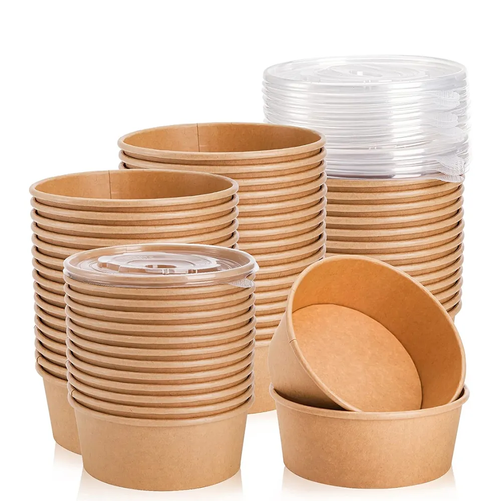 Kapaklı özelleştirilmiş Kraft kağıt kaseler tek kullanımlık çorba salata porsiyon kaseler parti tatlı için gıda konteyner gitmek