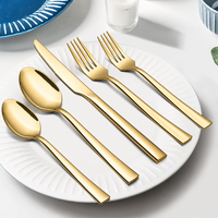 Ensemble de couverts en acier inoxydable 430 au design moderne avec poignée carrée, couteau, fourchette, cuillère dorés et argentés, faible MOQ, échantillon, vente en gros