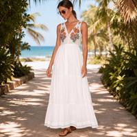 Robe longue trapèze blanche imprimée florale pour femme, col en V, sans manches, style bohème, pour la plage et les vacances, personnalisable OEM/ODM, MOQ 50 pièces